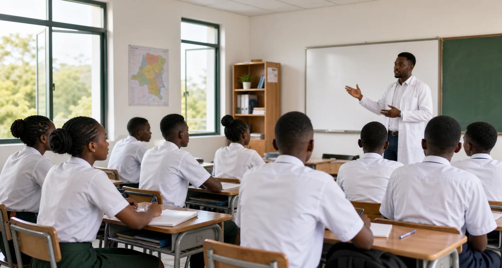 Élèves en uniforme dans une classe moderne en RDC